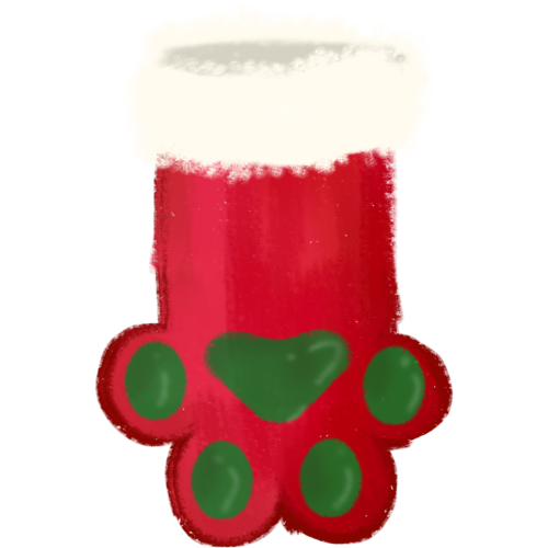  a red Christmas stocking in the shape of a paw with a white cuff and a green paw print.